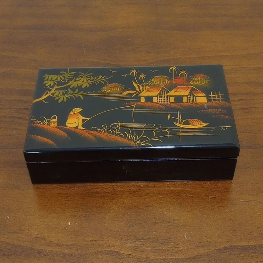Asian Black Lacquer Jewelry Box, Vintage!